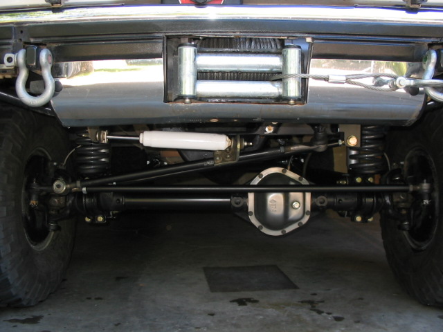 Track bar.  Originally tried using the stock 78-79 bar.  I redid that and now am running 1.125 DOM (.25 wall) tapped for 3/4" rod ends, secured with 3/4" GR8 bolts at both ends.  Angle with drag link is within 1*.