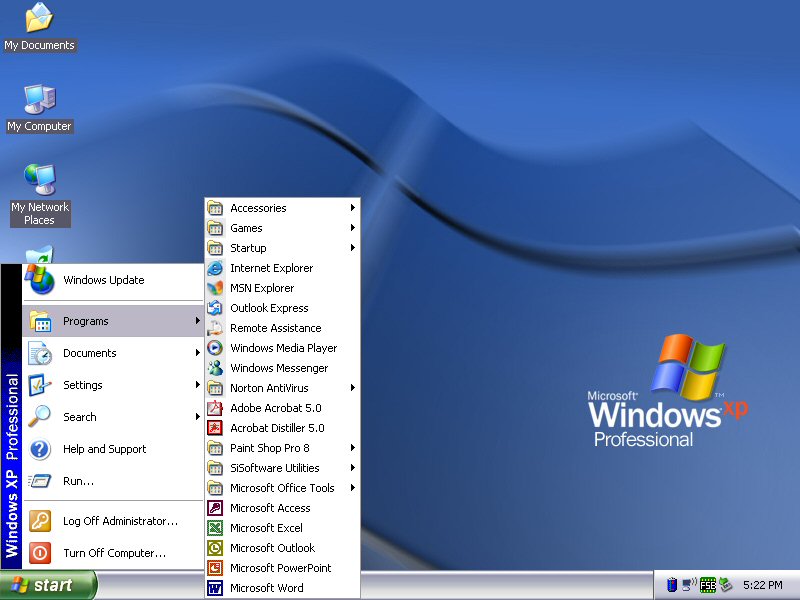 Windows XP Professional desktop with start menu open showing programs list