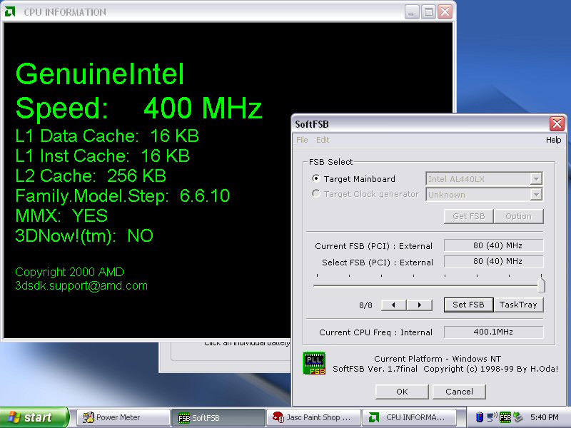 Computer screen showing CPU Information with GenuineIntel Speed 400 MHz and SoftFSB software interface