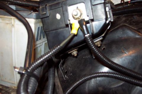 1985 Ford Crown Victoria LTD - This is a close-up view of a vehicle's battery terminal and associated wiring, showing electrical connections and protective conduits.