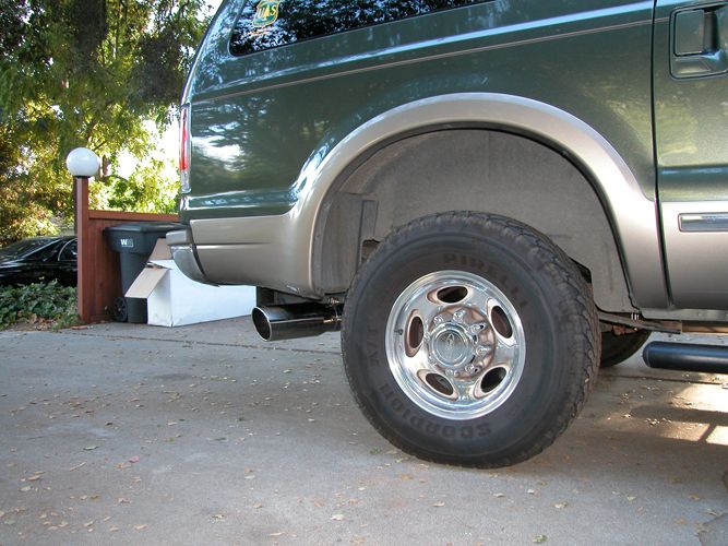 Rear wheel and chrome exhaust tip of a green two-tone SUV with Pirelli Scorpion A/T tire in a driveway