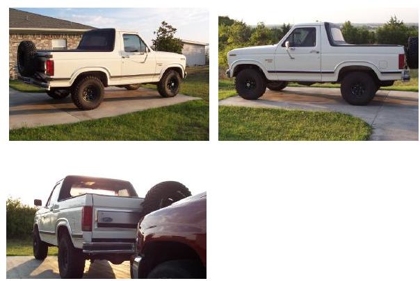 Collage of white lifted Ford Bronco with top removed, side and rear views on a driveway