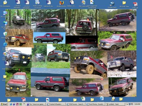 1995 Ford Bronco - Windows desktop screenshot used as wallpaper, tiled with about eighteen photos of a maroon-over-silver two-tone full-size Ford Bronco wheel…