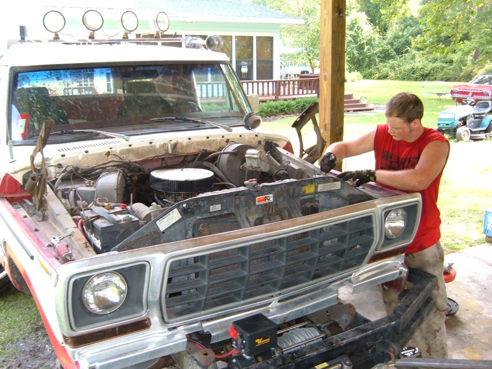 1978 Ford Bronco front view with hood open and engine exposed
