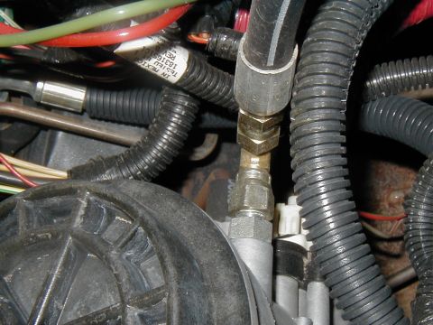 2002 Ford Excursion - Close-up view of engine compartment components, including hoses, wiring, and a brass fitting.