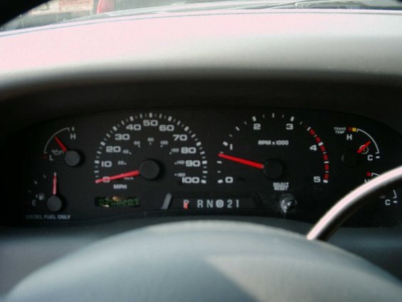 Ford diesel gauge cluster with PRND21 indicator and Diesel Fuel Only label