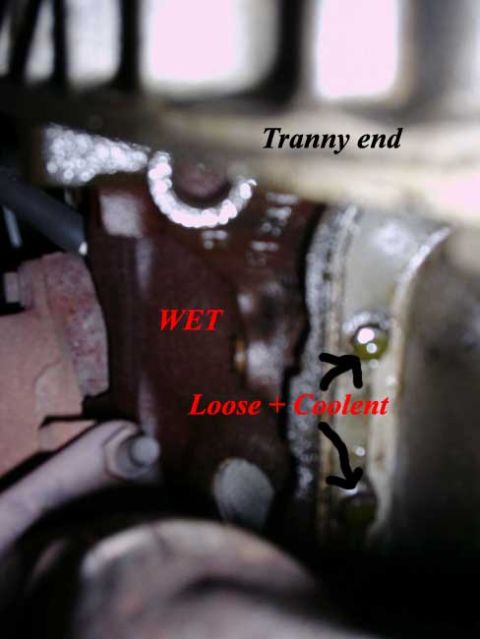 1992 Ford Bronco - Close-up of an engine component indicating a coolant leak and wetness, with text labels pointing out the issue.