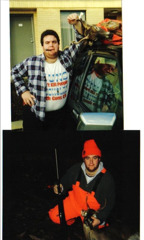 1995 Ford Bronco - Man poses with dead animals on the roof of a vehicle.