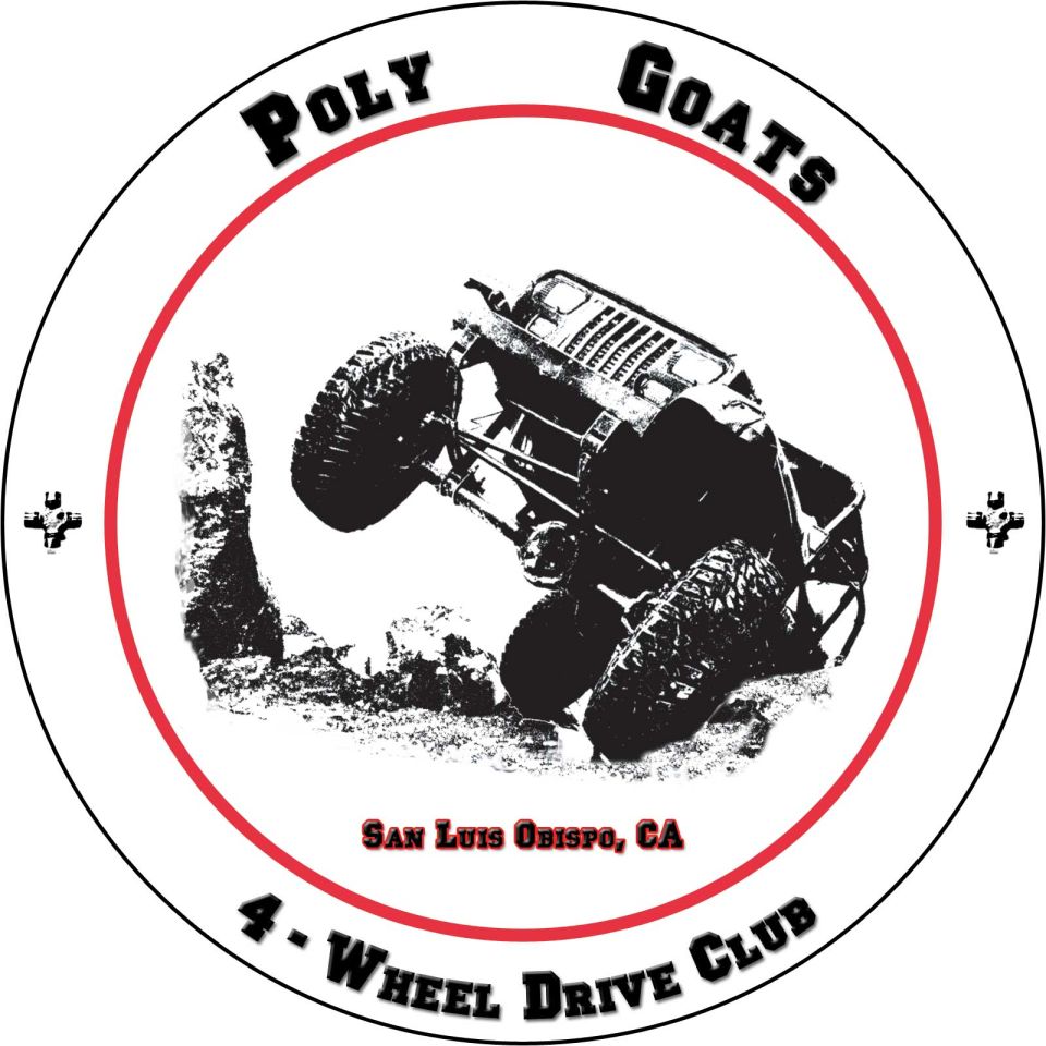 Logo for Poly Goats 4-Wheel Drive Club in San Luis Obispo, CA, showing a lifted off-road vehicle climbing rocks