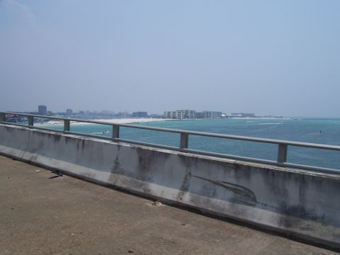 1995 Ford Bronco - A view of a coastal city from a bridge, with the ocean and beach visible.
