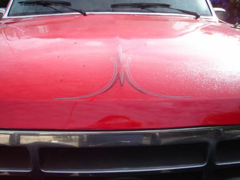 1990 Ford Bronco - Close-up of a glossy red vehicle hood decorated with a silver pinstripe flourish, with chrome trim and grille below.