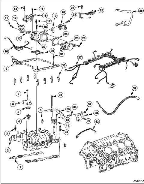 2000 Ford Crown Victoria - 1. Intake Manifold Gasket (2 Req'd) 2. Intake Manifold 3. Water Temperature Indicator Sending Unit 4. Water Thermostat 5. O-Ring 6. Water O…