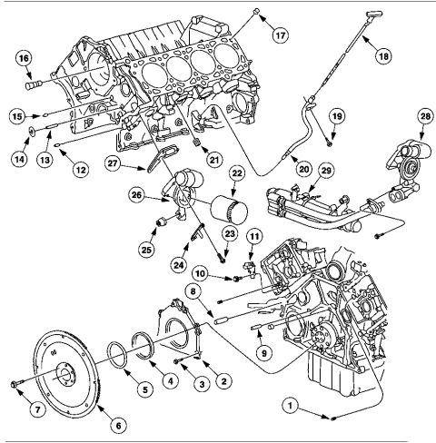 2000 Ford Crown Victoria - 1. Pipe Plug (2 Req'd) 2. Crankshaft Rear Oil Seal Retainer 3. Bolt (6 Req'd) 4. Crankshaft Rear Oil Seal 5. Crankshaft Oil Slinger 6. Flyw…