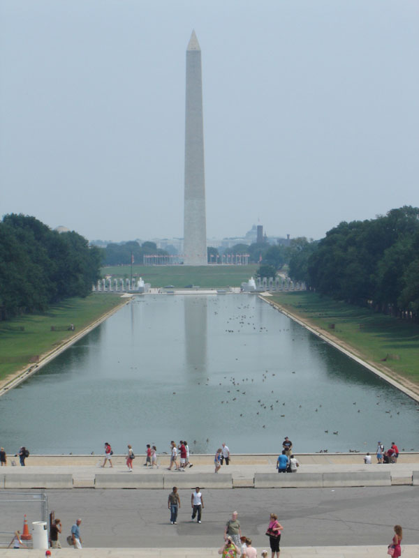 Washington Monument and Reflecting Pool with people walking nearby