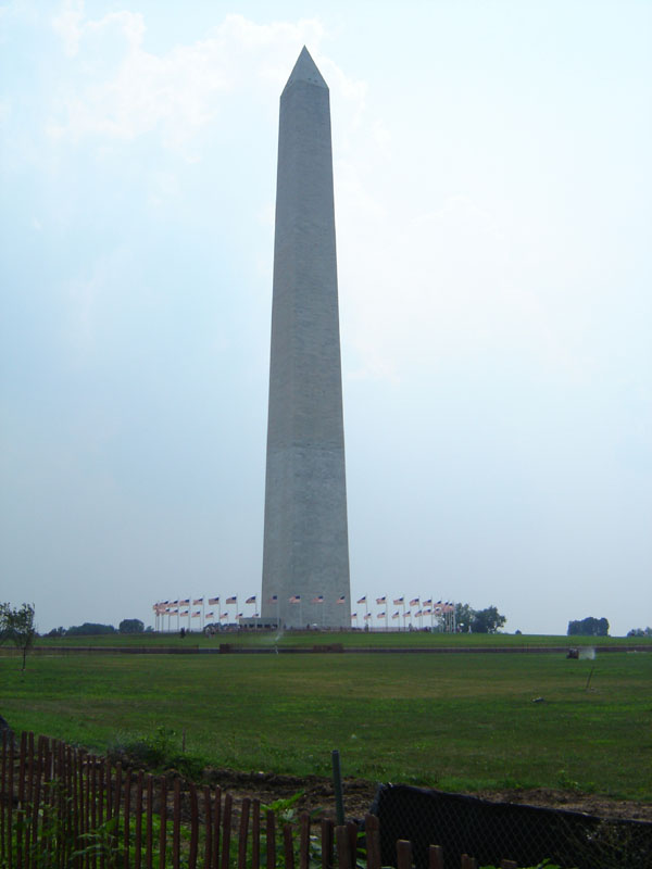 Washington Monument with flags and a grassy field in the foreground