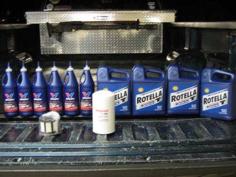 1999 Ford F-250 - Automotive fluids and filters are laid out in the cargo area of a truck, with a toolbox and rifle visible in the background.