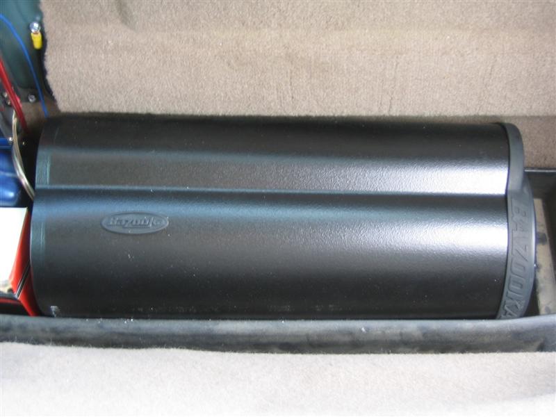 Black dual cylindrical subwoofer enclosure with 'Bazooka' logo