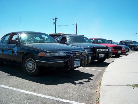 2001 Ford Crown Victoria - Several police vehicles are parked in a lot under a clear blue sky.