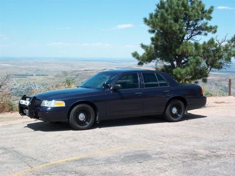 2001 Ford Crown Victoria - A dark sedan, possibly a 2001 Ford Crown Victoria, is parked on a scenic overlook with a large tree and distant landscape.