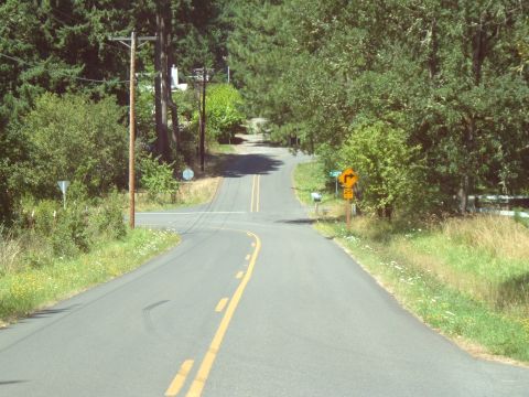 1989 Ford Bronco - A two-lane road curves through a wooded area with telephone poles and a speed limit sign.
