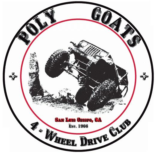 Off-road Jeep tilted on its side, part of Poly Goats 4-Wheel Drive Club logo