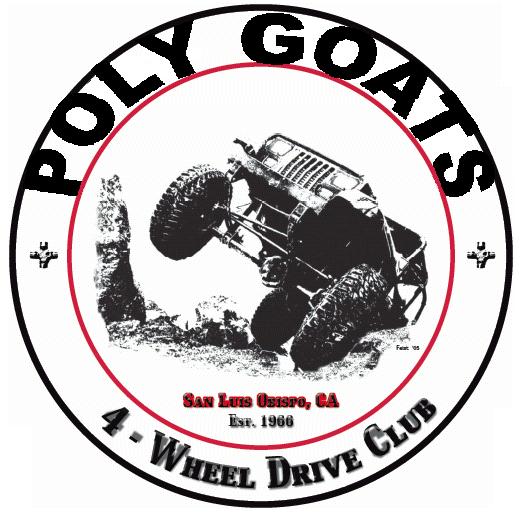 Jeep CJ-series off-roading, tilted on its side. Poly Goats 4-Wheel Drive Club logo