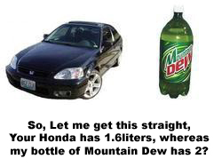 1993 Ford Bronco - A black Honda Civic hatchback is shown next to a bottle of Mountain Dew, with text comparing their volumes.