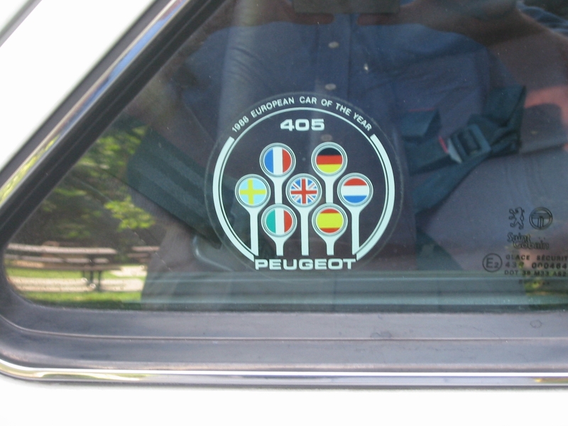 Peugeot 405 European Car of the Year 1988 window decal on rear quarter glass