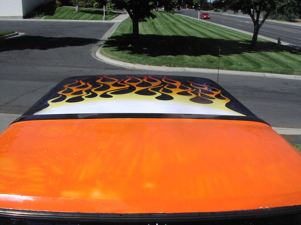 Orange roof with flame graphics
