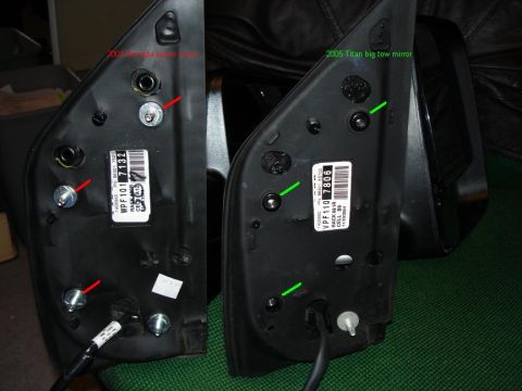 2005 Nissan Titan - Comparison of the mounting points on two different vehicle side mirrors, one identified as a 2005 Nissan Titan.