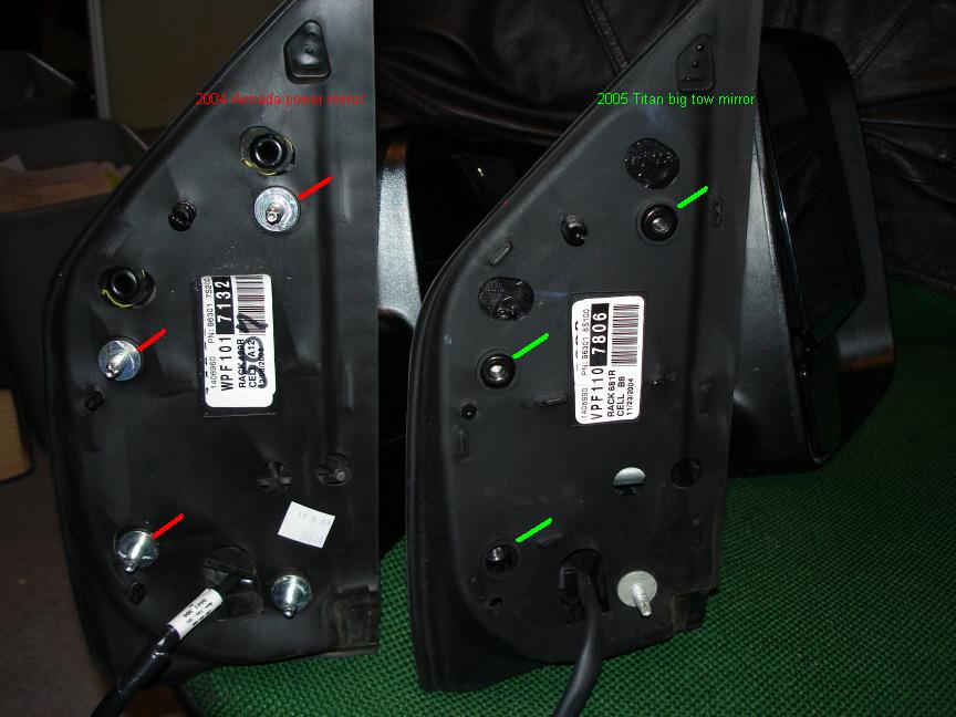 Two mirror mounting bases compared side by side with red and green callout arrows