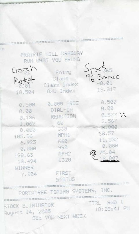 1996 Ford Bronco - A drag strip timing slip shows race results and handwritten notes, including a reference to a '96 Bronco.