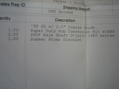 1999 Ford F-250 - A document lists a '99 Super Duty hub conversion kit and related parts, with a summer promo discount.
