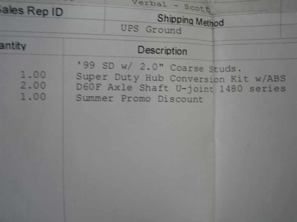 Parts invoice listing a Super Duty hub conversion kit with ABS and Dana 60 1480 U-joints