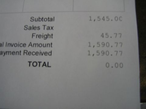 1999 Ford F-250 - This document details an invoice with subtotal, sales tax, freight, and payment received amounts.