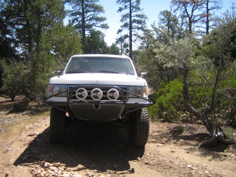1990 Ford Bronco - Front view of a white lifted truck fitted with a tube bumper and three round driving lights on a dirt trail.