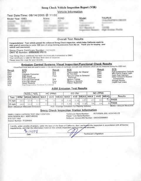 1993 Ford Taurus - Smog Check Vehicle Inspection Report (VIR) details for a 1993 model year vehicle, including test results and station information.