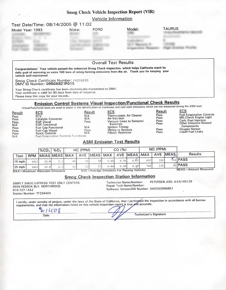 Smog Check Vehicle Inspection Report (VIR) for 1993 Model Year
