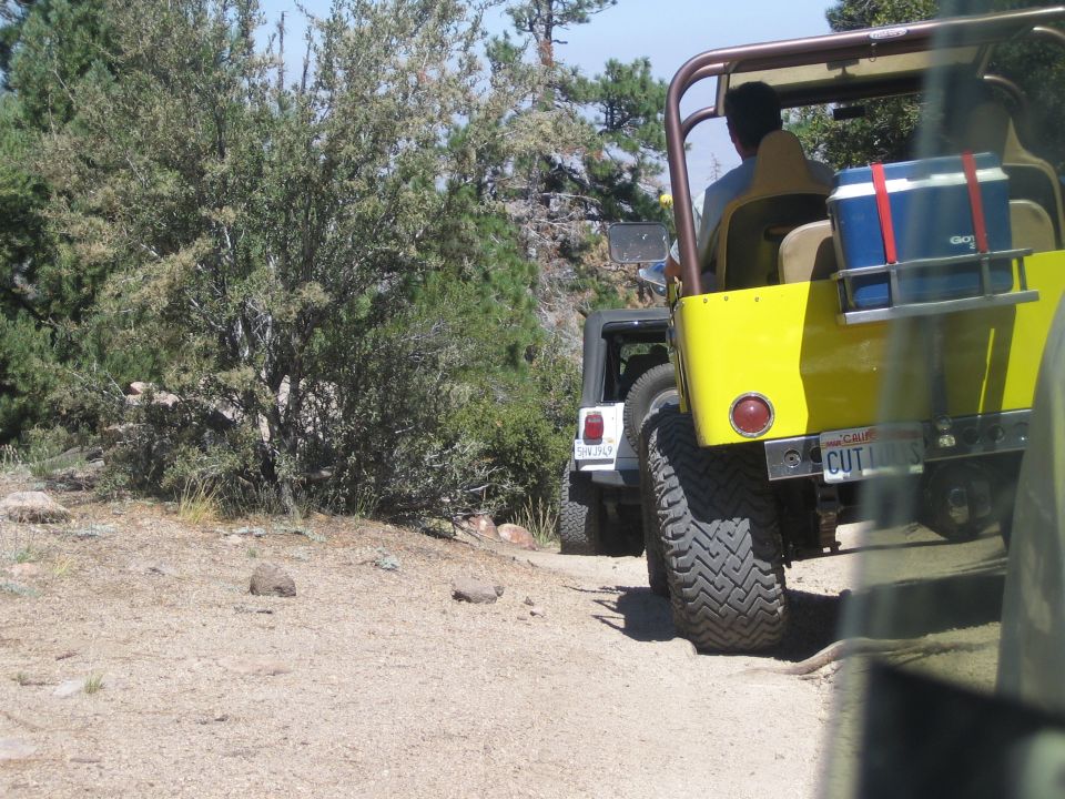 Rear of a yellow open Jeep with cooler and a white Jeep behind on a dirt trail