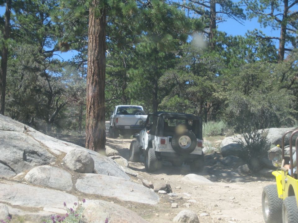 White pickup and black Jeep Wrangler on a dusty forest off-road trail