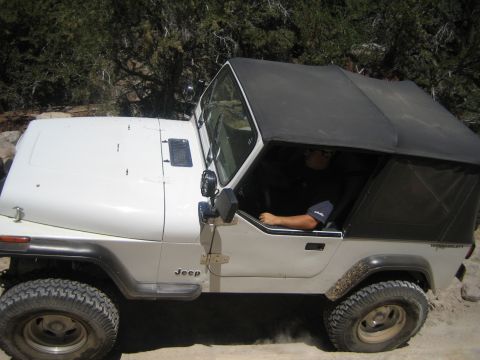1990 Ford Bronco - white Jeep Wrangler with a black soft top drives a sandy trail past brush, the driver visible inside.