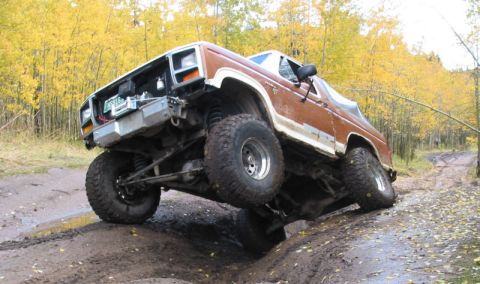 1981 Ford Bronco - Modified 1981 Ford Bronco tackling a challenging muddy off-road course.