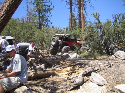 1990 Ford Bronco - red open-top off-road buggy crawls over fallen logs in a sunny pine forest while people watch and rest on logs in the foreground.