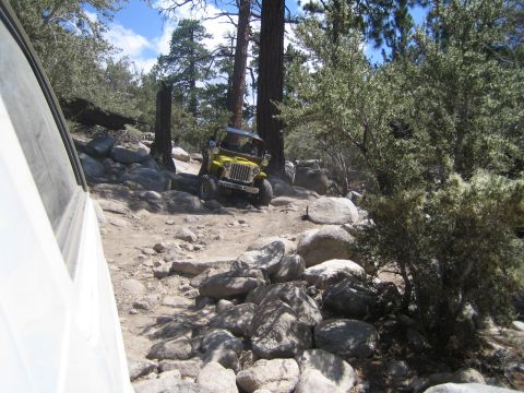 1990 Ford Bronco - yellow flat-fender open-top jeep climbs a boulder-strewn trail among tall pines, framed by the edge of a white vehicle at left.