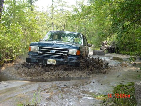 1995 Dodge 1500 - A blue 1987 Ford F-150 navigates a muddy trail, kicking up water and dirt.