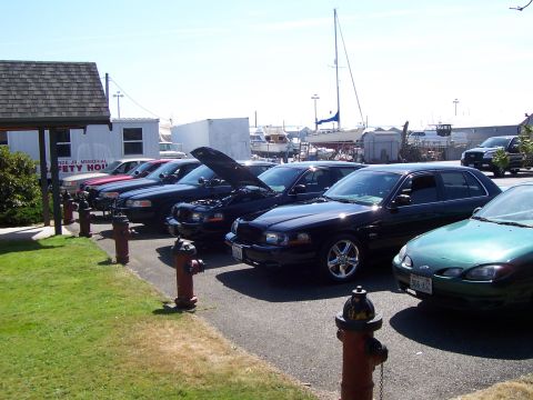 2003 Ford Crown Victoria - A line of Crown Victoria sedans, some appearing to be police cruisers, are parked near a marina.