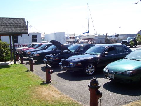 2003 Ford Crown Victoria - A line of Crown Victorias are parked near a marina, with boats visible in the background.