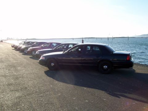 2003 Ford Crown Victoria - Several Ford Crown Victoria police cars are parked in a line along a waterfront road.