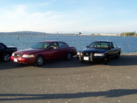 2003 Ford Crown Victoria - Two Ford Crown Victorias, one red and one black police car, are parked side-by-side near a waterfront.