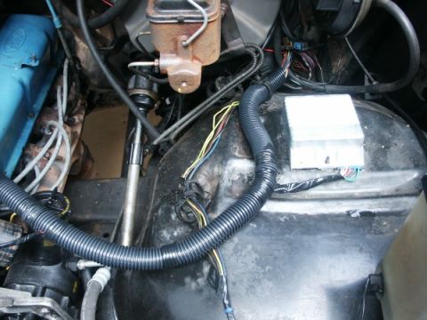 1982 Ford Bronco - Close-up of engine bay components including wiring, brake master cylinder, and ECU.
